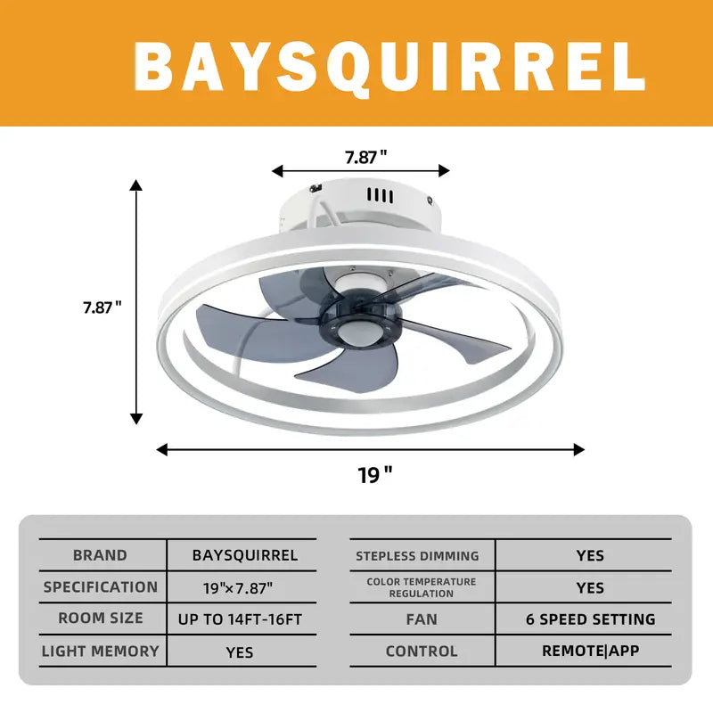 Baysquirrel Ceiling Fans with Lights, Flush Mount Modern Ceiling Fan and App & Remote Control, 19" LED Bladeless Ceiling Fans, Stepless Dimmable 3 Colors and 6 Speeds