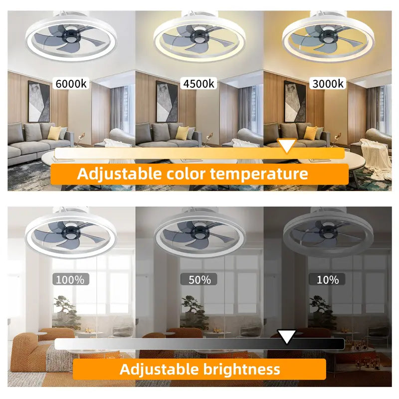 Baysquirrel Ceiling Fans with Lights, Flush Mount Modern Ceiling Fan and App & Remote Control, 19" LED Bladeless Ceiling Fans, Stepless Dimmable 3 Colors and 6 Speeds