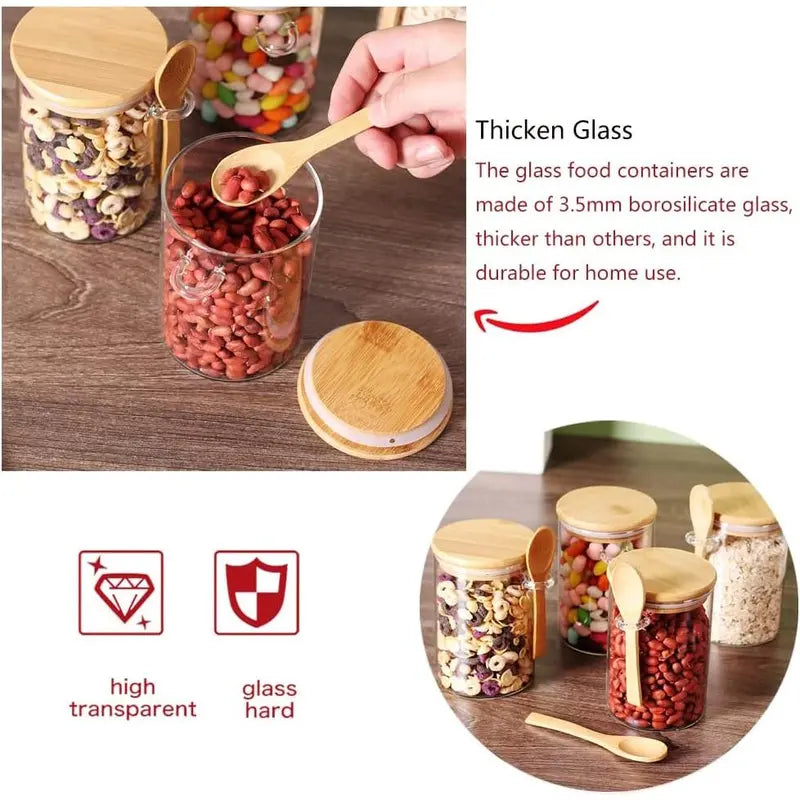 Glass Jars with Bamboo Lids and Wooden Spoons Set of 4, Coffee Tea Sugar Container Set for Loose Tea Canister Storage, Overnight Oats Containers with Scoop for Seasoning, Coffee, Yogurt Bottles Tin