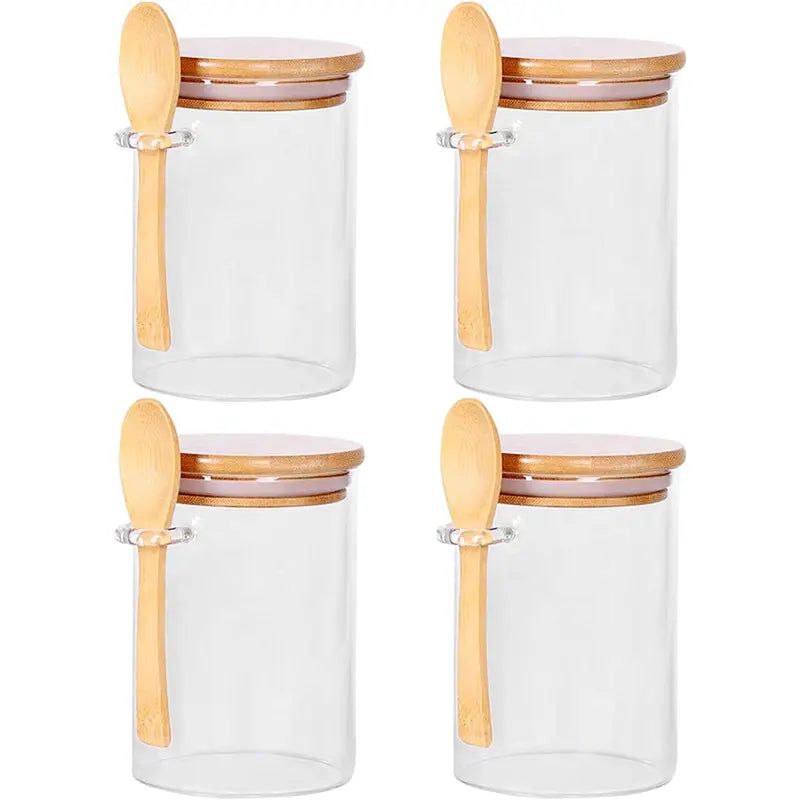 Glass Jars with Bamboo Lids and Wooden Spoons Set of 4, Coffee Tea Sugar Container Set for Loose Tea Canister Storage, Overnight Oats Containers with Scoop for Seasoning, Coffee, Yogurt Bottles Tin