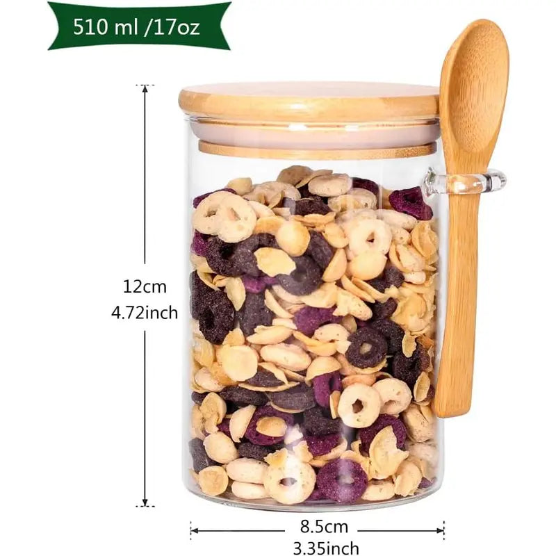 Glass Jars with Bamboo Lids and Wooden Spoons Set of 4, Coffee Tea Sugar Container Set for Loose Tea Canister Storage, Overnight Oats Containers with Scoop for Seasoning, Coffee, Yogurt Bottles Tin