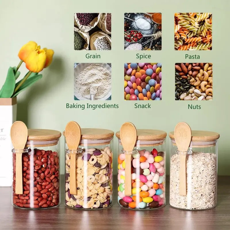 Glass Jars with Bamboo Lids and Wooden Spoons Set of 4, Coffee Tea Sugar Container Set for Loose Tea Canister Storage, Overnight Oats Containers with Scoop for Seasoning, Coffee, Yogurt Bottles Tin