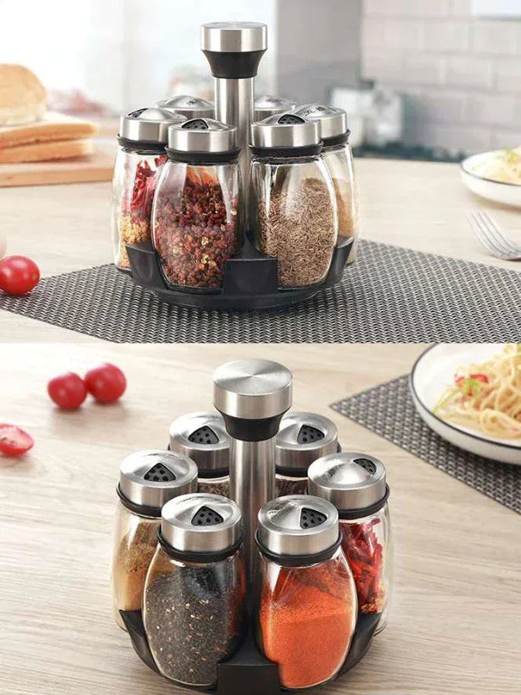 Glass spice jar set with rotating rack