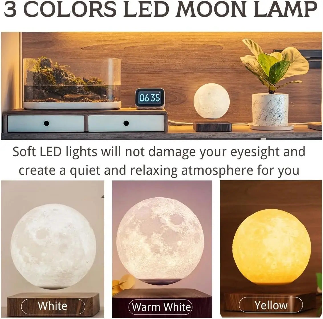 Levitating Moon Lamp Magnetic Floating Spinning Night Light with 3 Color Modes