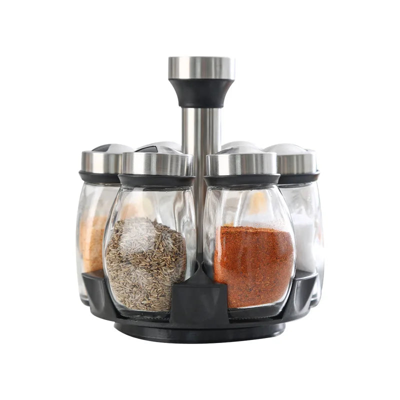 Glass spice jar set with rotating rack