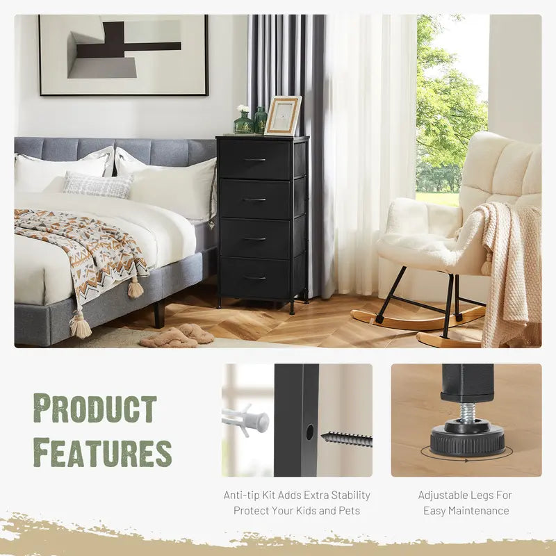 Sweetcrispy Home Furniture Dresser for Bedroom, Storage Drawers, Skinny Fabric Storage Tower with 4 Drawers, Tower Organizer Unit, Chest of Drawers with Wooden Top for Closet, Nursery, Laundry, Living Room, Hallway, Entryway