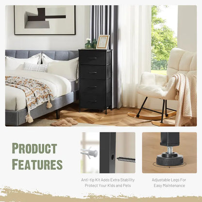 Sweetcrispy Home Furniture Dresser for Bedroom, Storage Drawers, Skinny Fabric Storage Tower with 4 Drawers, Tower Organizer Unit, Chest of Drawers with Wooden Top for Closet, Nursery, Laundry, Living Room, Hallway, Entryway
