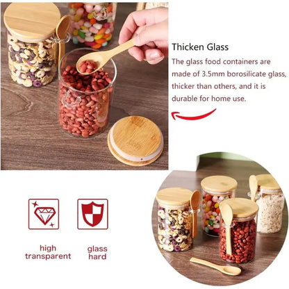 Glass Jars with Bamboo Lids and Wooden Spoons Set of 4, Coffee Tea Sugar Container Set for Loose Tea Canister Storage, Overnight Oats Containers with Scoop for Seasoning, Coffee, Yogurt Bottles Tin