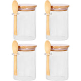 Glass Jars with Bamboo Lids and Wooden Spoons Set of 4, Coffee Tea Sugar Container Set for Loose Tea Canister Storage, Overnight Oats Containers with Scoop for Seasoning, Coffee, Yogurt Bottles Tin