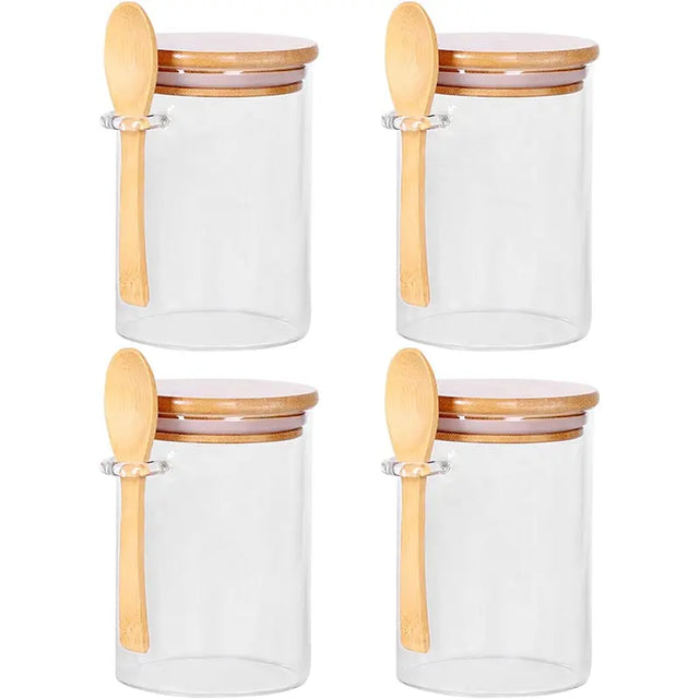 Glass Jars with Bamboo Lids and Wooden Spoons Set of 4, Coffee Tea Sugar Container Set for Loose Tea Canister Storage, Overnight Oats Containers with Scoop for Seasoning, Coffee, Yogurt Bottles Tin