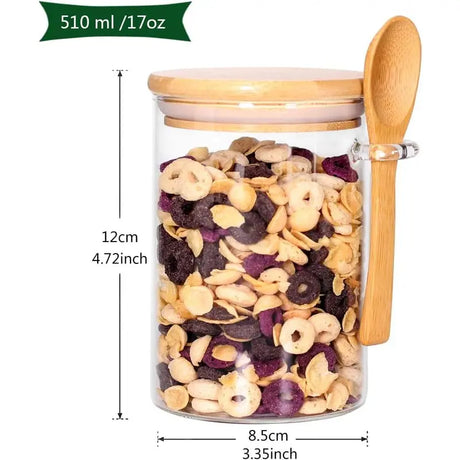 Glass Jars with Bamboo Lids and Wooden Spoons Set of 4, Coffee Tea Sugar Container Set for Loose Tea Canister Storage, Overnight Oats Containers with Scoop for Seasoning, Coffee, Yogurt Bottles Tin