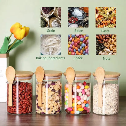 Glass Jars with Bamboo Lids and Wooden Spoons Set of 4, Coffee Tea Sugar Container Set for Loose Tea Canister Storage, Overnight Oats Containers with Scoop for Seasoning, Coffee, Yogurt Bottles Tin