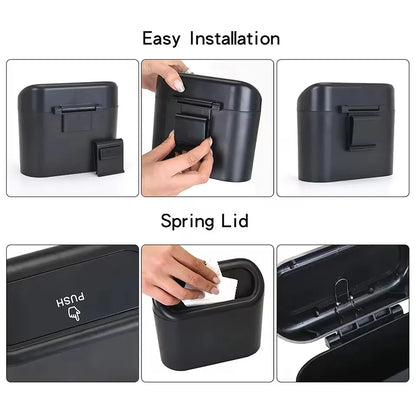Mini car trash can hanging behind seat