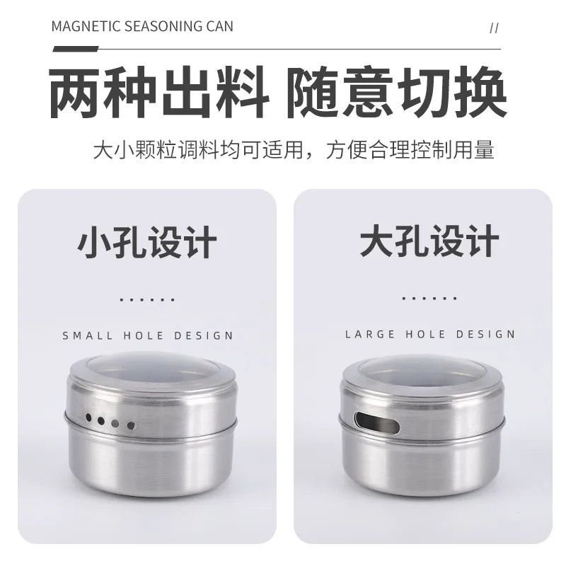 Magnetic stainless steel spice jars on fridge