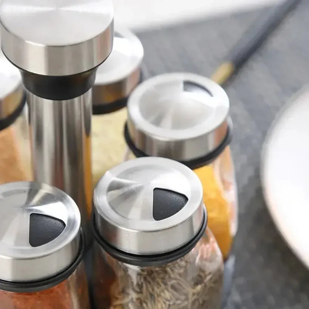 Glass spice jar set with rotating rack