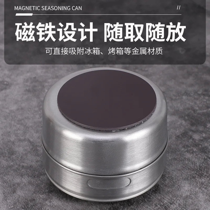 Magnetic stainless steel spice jars on fridge