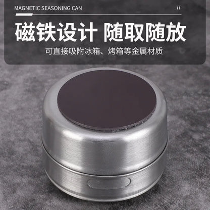 Magnetic stainless steel spice jars on fridge