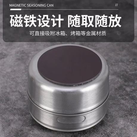 Magnetic stainless steel spice jars on fridge