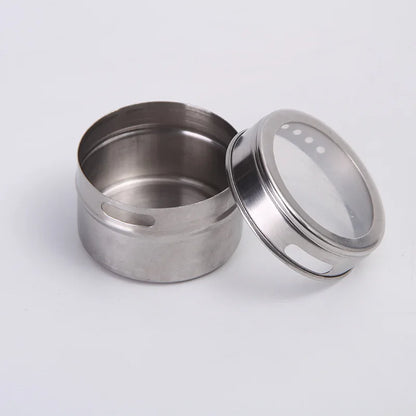 Magnetic stainless steel spice jars on fridge