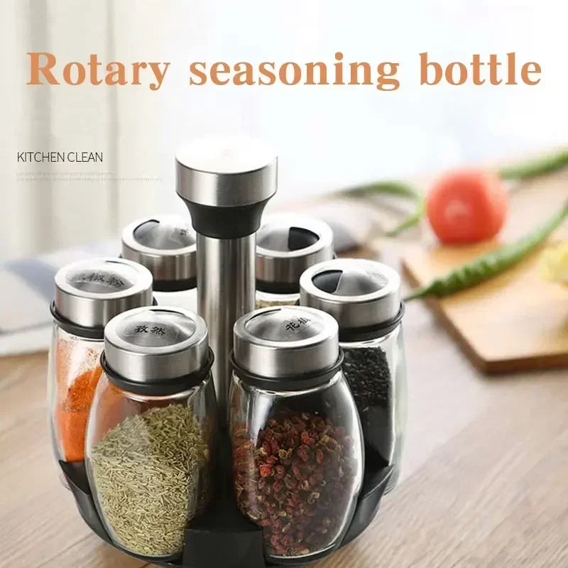 Glass spice jar set with rotating rack