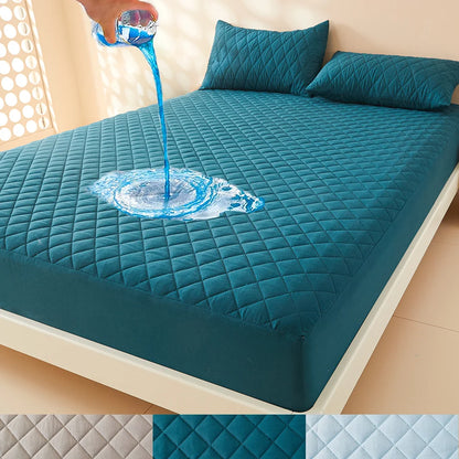 Waterproof Throw pillowcase demonstration with water being poured on a teal mattress pad.
