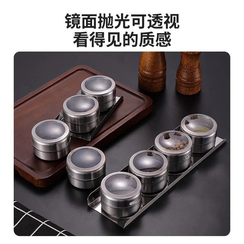Magnetic stainless steel spice jars on fridge