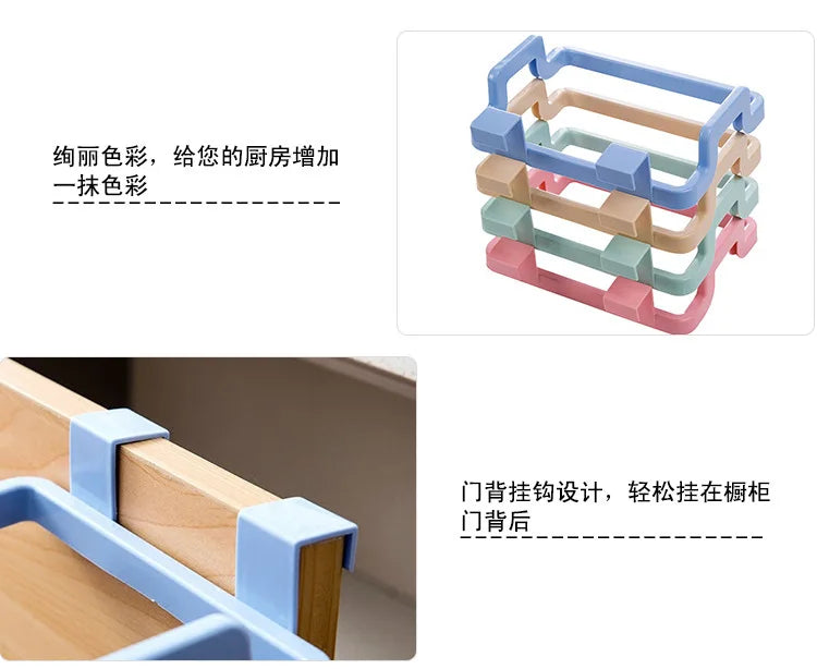 Hanging trash bag holder for cupboard door