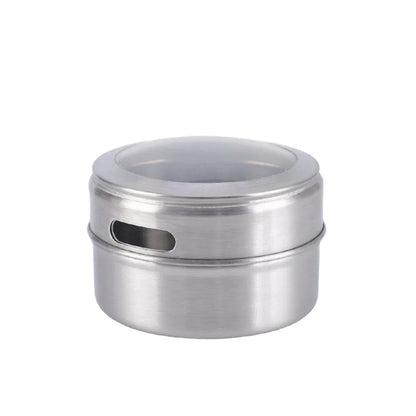 Magnetic stainless steel spice jars on fridge