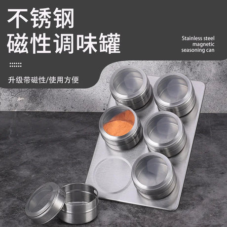 Magnetic stainless steel spice jars on fridge