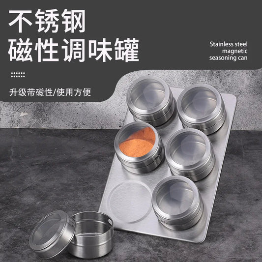 Magnetic stainless steel spice jars on fridge