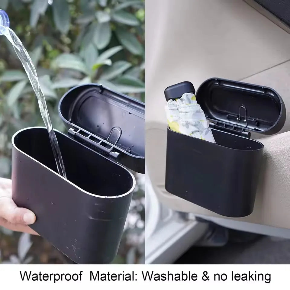 Mini car trash can hanging behind seat