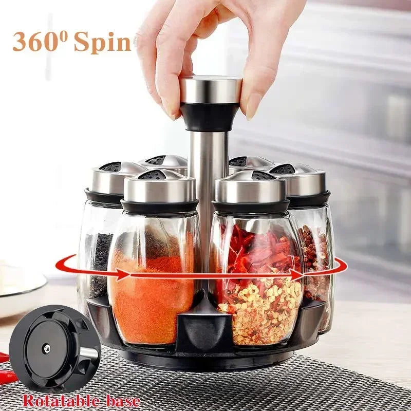 Glass spice jar set with rotating rack