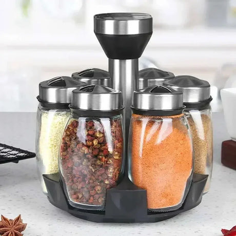 Glass spice jar set with rotating rack