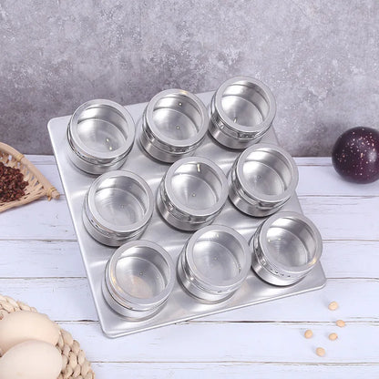 Magnetic stainless steel spice jars on fridge