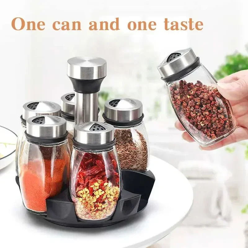 Glass spice jar set with rotating rack
