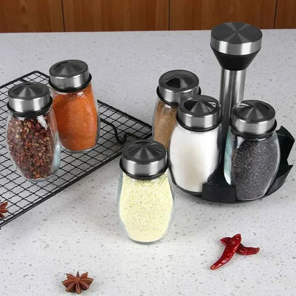 Glass spice jar set with rotating rack