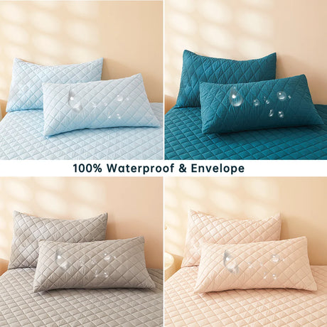 Waterproof Throw Pillowcases in blue, gray, and beige on a bed display with droplets to show waterproof feature.