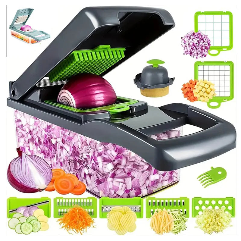 Vegetable chopper with container on kitchen counter