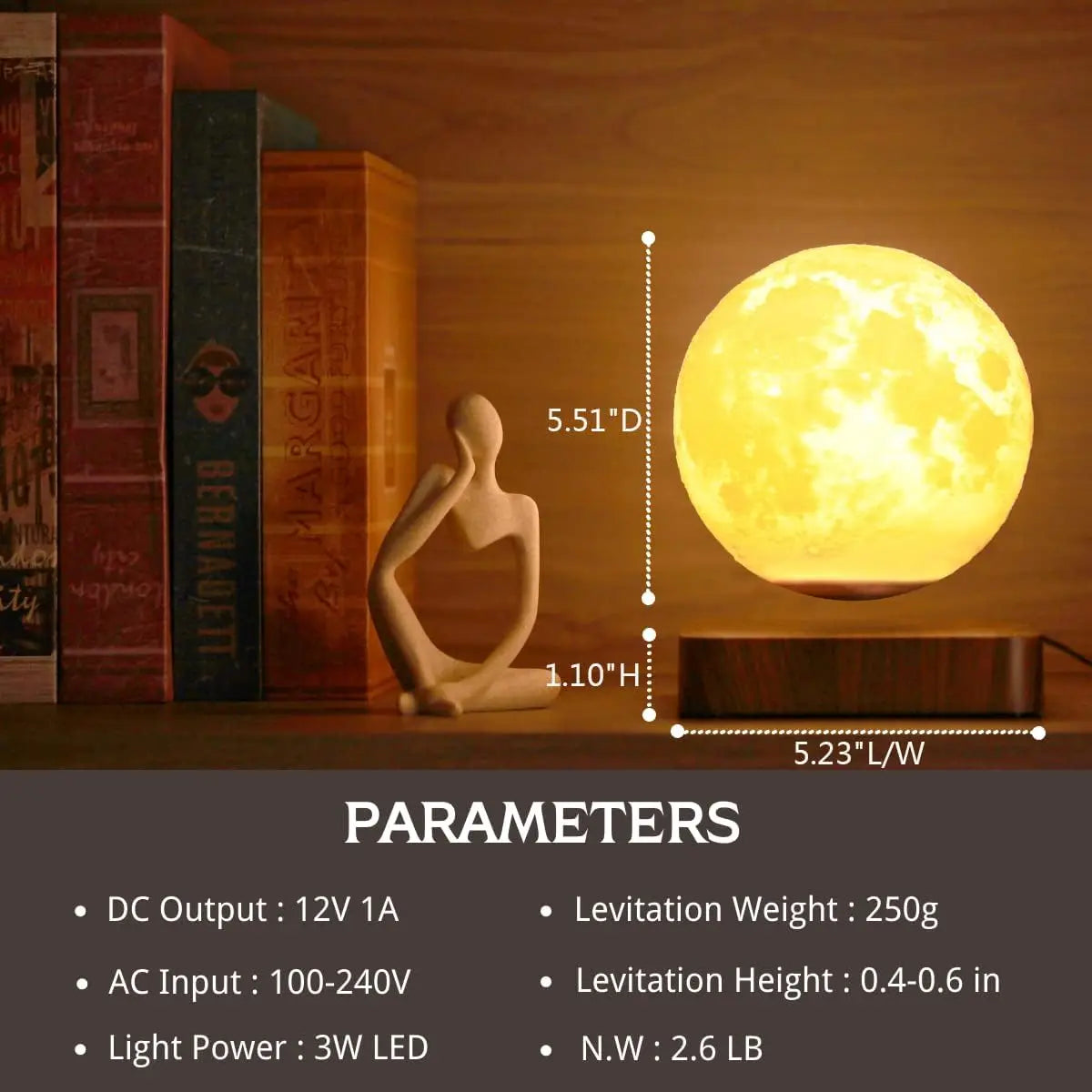 Levitating Moon Lamp Magnetic Floating Spinning Night Light with 3 Color Modes
