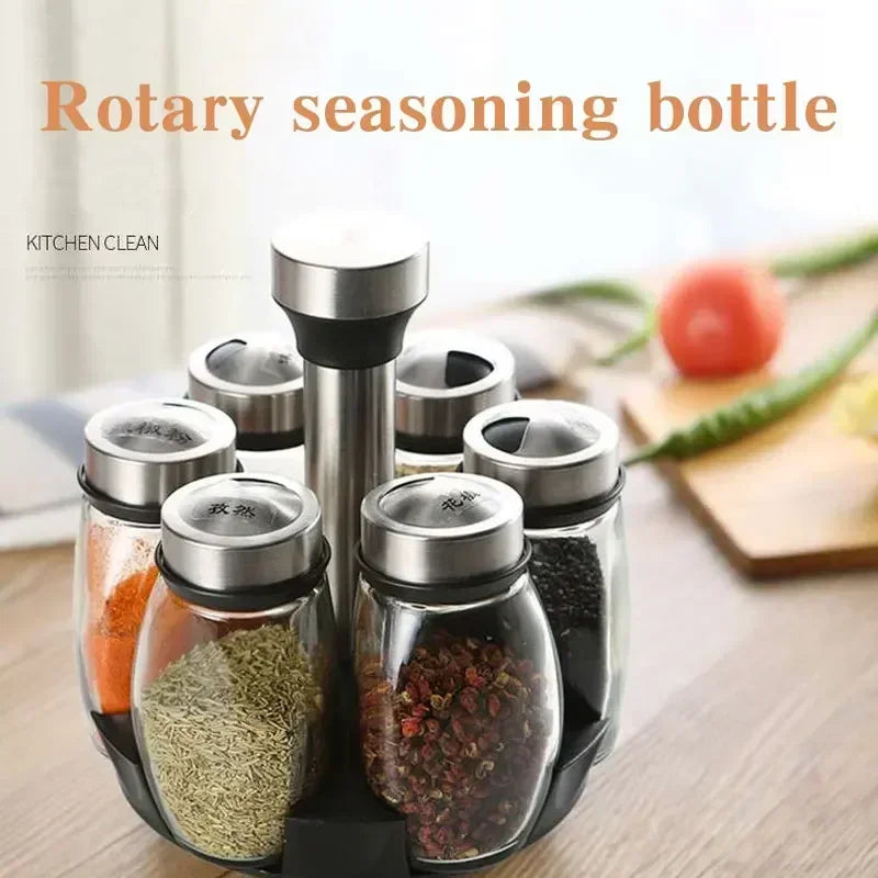 Glass spice jar set with rotating rack