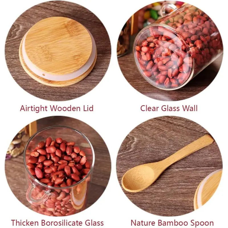 Glass Jars with Bamboo Lids and Wooden Spoons Set of 4, Coffee Tea Sugar Container Set for Loose Tea Canister Storage, Overnight Oats Containers with Scoop for Seasoning, Coffee, Yogurt Bottles Tin