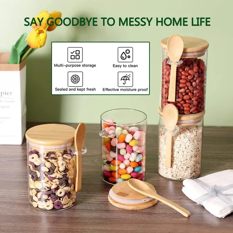 Glass Jars with Bamboo Lids and Wooden Spoons Set of 4, Coffee Tea Sugar Container Set for Loose Tea Canister Storage, Overnight Oats Containers with Scoop for Seasoning, Coffee, Yogurt Bottles Tin